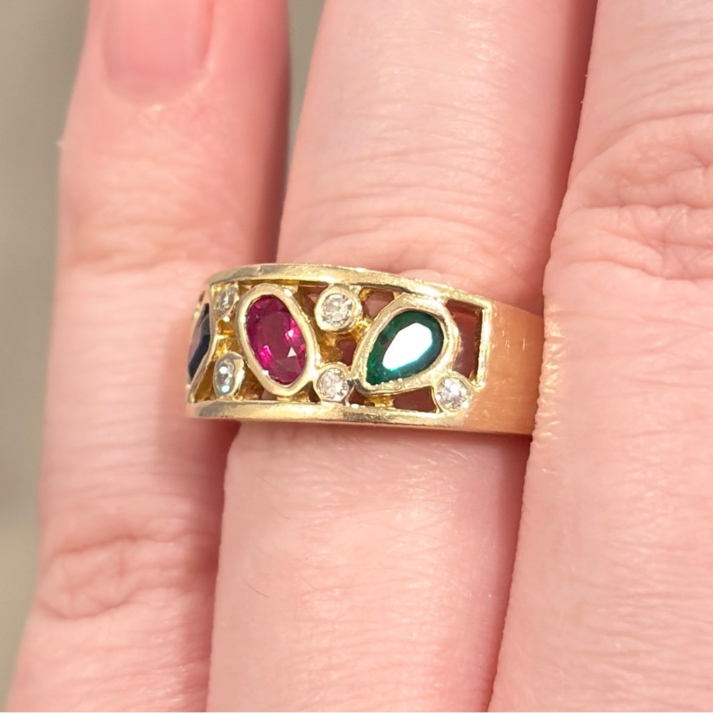 Vintage 14K Natural Precious Gemstone Ring Ruby Sapphire Emerald Diamond 7.5 - Picture 7 of 17